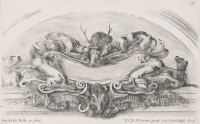 Cartouche met zes jachthonden, een hert en een everzwijn