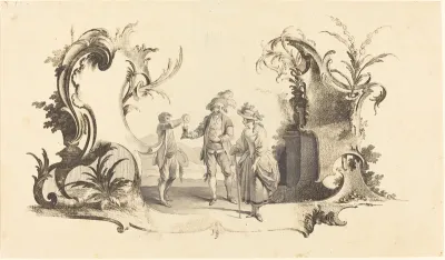 Cartouche Moderne with a Young Couple Being Served Wine
