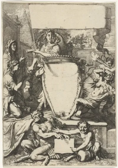 Cartouche omgeven door allegorische figuren