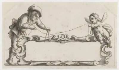 Cartouche omgeven door een man en een putto