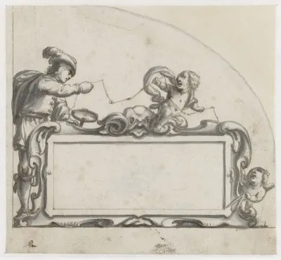 Cartouche omgeven door een man en twee putti