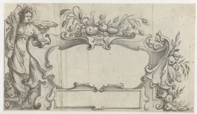 Cartouche omgeven door gewassen en een vrouw
