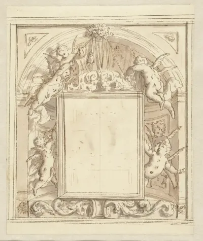 Cartouche omringd door putti
