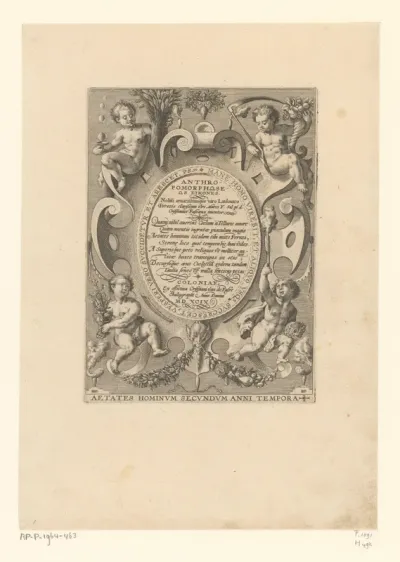 Cartouche omringd door vier putti