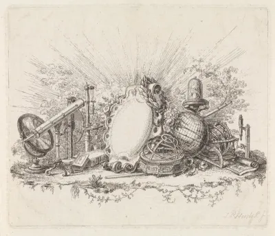 Cartouche omringd door wetenschappelijke instrumenten