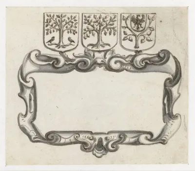Cartouche onder drie wapenschilden met bomen