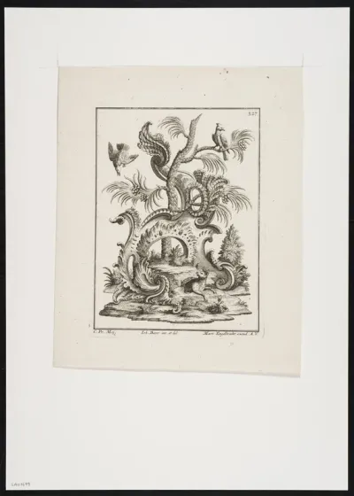 Cartouche with a fox and birds