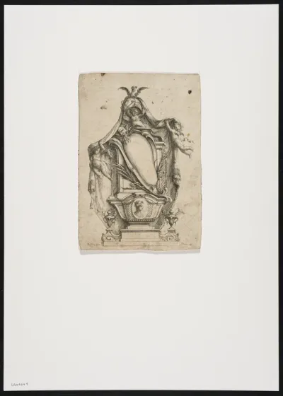 Cartouche with canopy, 3 putti and masks.