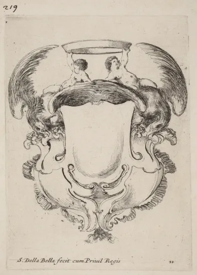 Cartouche with Eagles and Two Infants  Holding a Crown