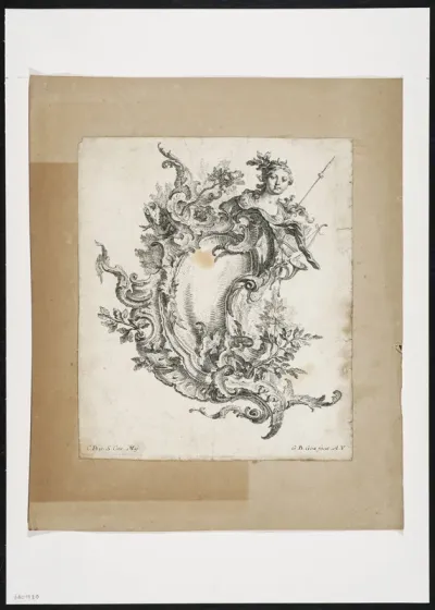 Cartouche with leaf motives and female figure