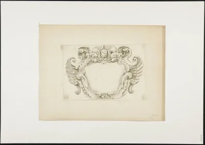 Cartouche with putto and mask