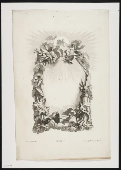 Cartouche with the Lamb of God, 4 symbols of the evangelists, putti and religious attributes