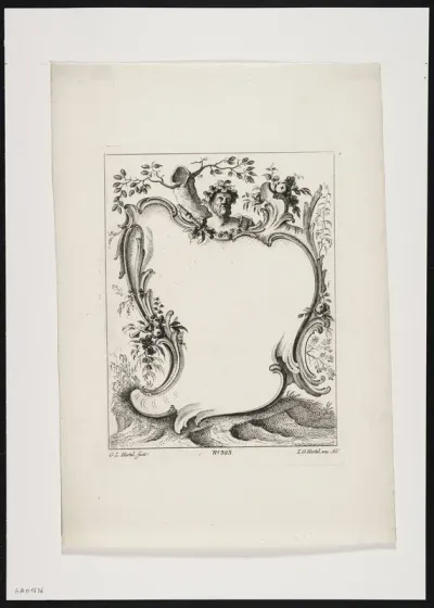 Cartouche with tree trunk and plant motives