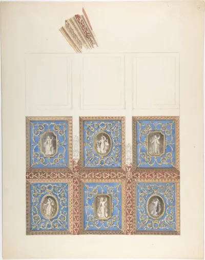 Carved and Painted Ceiling with Six Figural Medallions, for Cleish Castle
