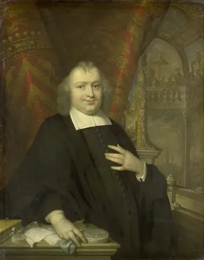 Caspar Fagel (1634-88). Raadpensionaris van Holland sedert 1672, met op de achtergrond de vergaderzaal van de Staten van Holland op het Binnenhof te Den Haag