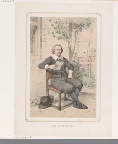 Caspar van Baerle op een stoel voor een huis