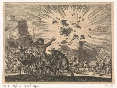 Castel Nuovo te Napels explodeert gedeeltelijk tijdens de feestviering ter herinnering aan de overwinning van de keizer te Nordlingen, 1636