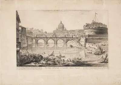 Castel Sant' Angelo-broen med kastelle (Hadrians mausoleum), i forgrunden Tiberen med både og i det fjerne Peterskirkens kuppel