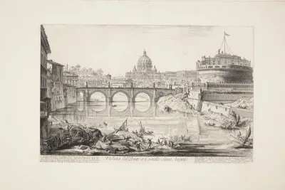 Castel Sant' Angelo-broen med kastellet (Hadrians mausoleum), i forgrunden Tiberen med både og i det fjerne Peterskirkens kuppel