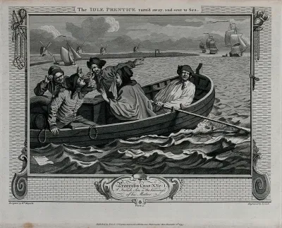Casting his contract into the sea, Tom Idle in a rowing boat heads towards a sailing ship past a point of land with four windmills and a prominent gibbet