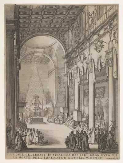 Catafalque of the Emperor Mathias with performance of funeral inside the Church of San Lorenzo, Florence