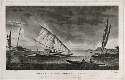 Catamarans and a canoe in Tonga, Polynesia, encountered by Captain Cook on his second voyage, 1772-1775