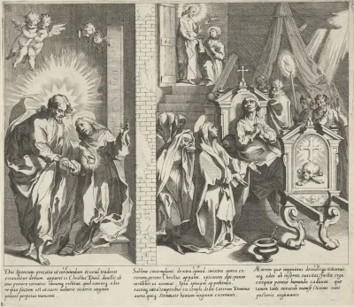 Catharina en Christus ruilen hun harten / Catharina kiest de doornenkroon / Catharina bezoekt een zieke vrouw op haar sterfbed