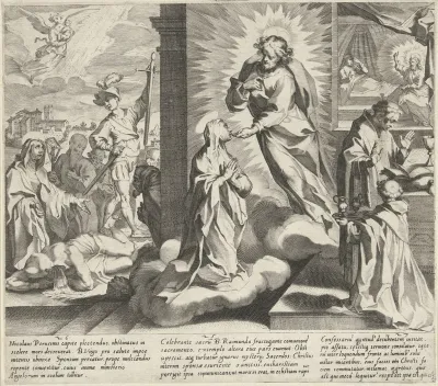Catharina toont haar wonden / Catharina ontvangt de communie van Christus / Raimundus van Capua bezoekt Catharina thuis en treft Christus aan