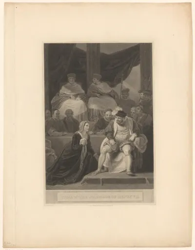 Catharina van Aragon knielt voor Hendrik VIII