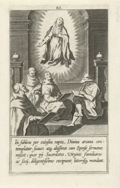Catharina verschijnt voor vier geleerde mannen in de tempel