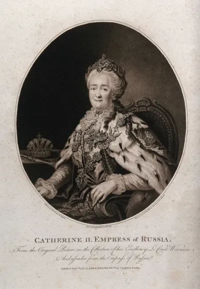 Catherine II in lavish dress, seated in an armchair; crown on a table in the background