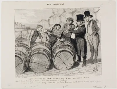 Catholic society of baptism established for all the drunkards of Paris. (Article 1) From Rouen to Bercy the Seine will be transformed into the River Jordan. "In the name of the great society Mélange, Macaire & Co. I baptise you 'old Macon', grand cru