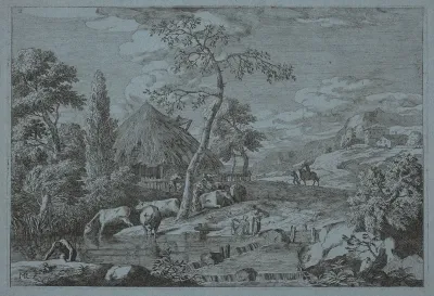 Cattle and Figures at a Farmyard Stream