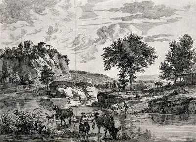 Cattle and goats being herded across a ford