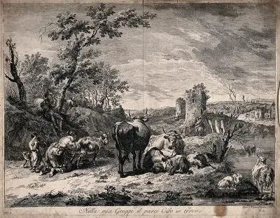 Cattle and sheep rest on the hillside as a woman milks a goat and gives the child a drink; a herder plays the bagpipes