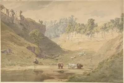 Cattle at a watering hole in a valley