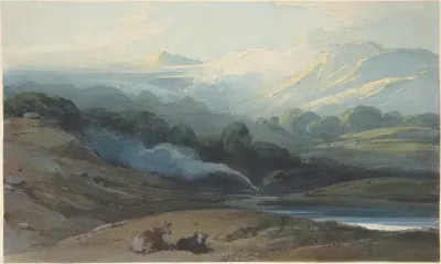 Cattle resting in a mountainous landscape, Bengal