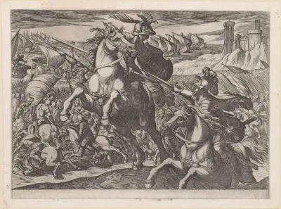 Cavalerie gevecht met twee strijders op de voorgrond