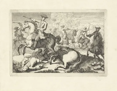Cavaleriegevecht met op de voorgrond een gewonde ruiter en paard