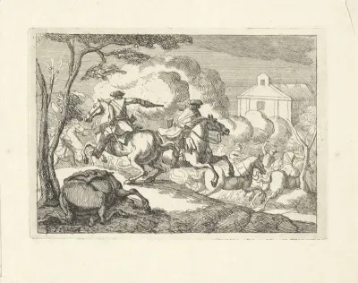 Cavaleriegevecht met twee schietende ruiters