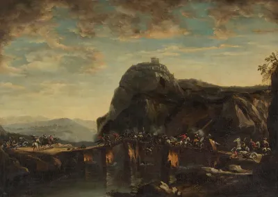 Cavalry engagement on a bridge