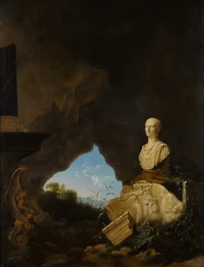 Cave interior with a bust and fragments of antique sculpture