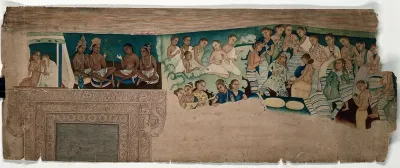 Cave paintings; a group of female musicians and dancers and Buddhist monks (?) of Indo-African origin