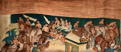 Cave paintings; a group of Indo African men and women riding on elephants and horses