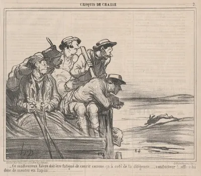 Ce malheureux lièvre doit être fatigué de courir comme ça à coté de la diligence....., from Croquis de Chasse, published in Le Charivari, September 29, 1859