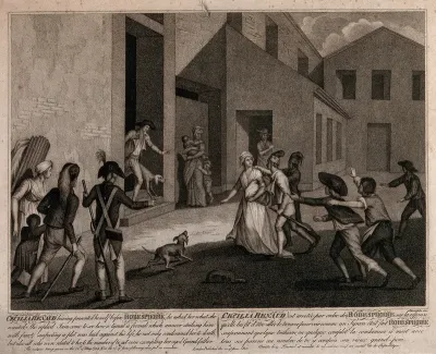 Cecilia Renaud is apprehended by soldiers after being suspected of intending to assassinate Robespierre