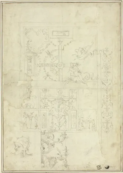 Ceiling Design, with Sketches of Ornamental Border, Helmeted Head (recto); Sketches of Ornamental Details (verso)