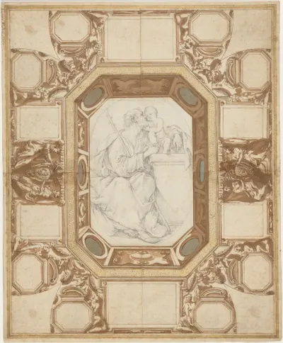 Ceiling with Allegorical Figures and the Arms of Pope Sixtus V (Guerra's outer drawing); Saint Joseph and the Christ Child (Viani's central drawing)