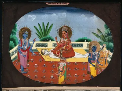 Centre, a form of Parvati seated on top of a recumbent Shiva; left, a manifestation of Shiva; foreground, Brahma; right, Vishnu with his consort Lakshmi