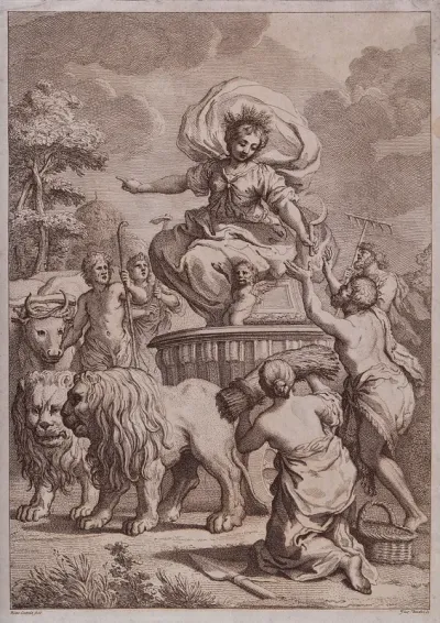 Ceres (Demeter) on a chariot drawn by lions receives offerings from peasants; representing harvest